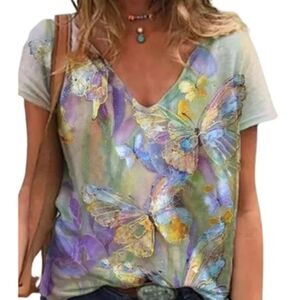 NWOT SUMMER WOMEN'S TOP SHORTS SLEEVES BUTTERFLY PRINT